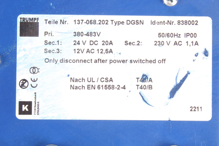 137-068.202 TRUMPF DGNS 838002 483V, 24V, 12V TRANSFORMADOR
