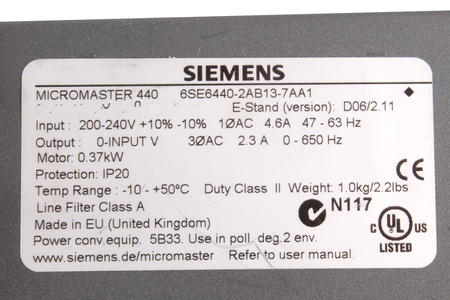 6SE6440-2AB13-7AA1 SIEMENS MICROMASTER MM440