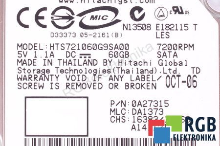 HTS721060G9SA00 HITACHI TRAVELSTAR 60GB, SATA, 2.5", HDD