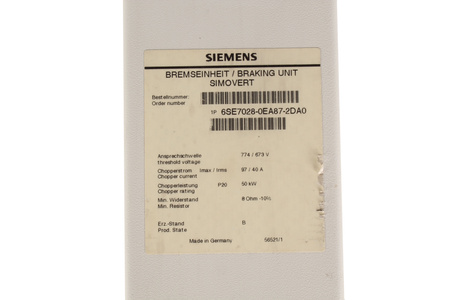 6SE7028-0EA87-2DA0 SIEMENS SIMOVERT BRAKING UNIT 8OHM, 50KW
