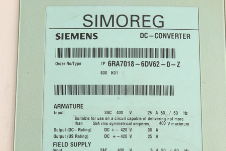 6RA7018-6DV62-0-Z SIEMENS Z:S00 K01 SIMOREG