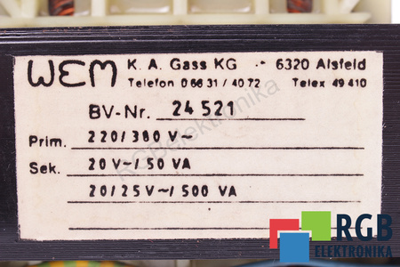 BV-NR.24521 WEM 220/380V, 20/25V TRANSFORMADOR