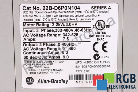 22B-D6P0N104 ALLEN BRADLEY POWER FLEX 4 AND AC DRIVES