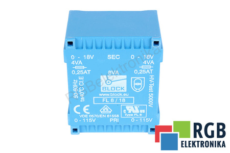 FL8/18 BLOCK 2 X 115V, 2 X 18V, 8 VA, 50HZ / 60HZ TRANSFORMADOR