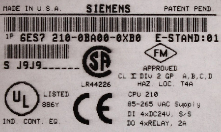 6ES7210-0BA00-0XB0 SIEMENS SIMATIC S7-200 CPU 210