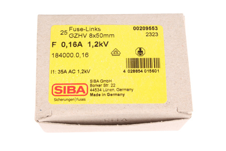 FUSIBLE 184000.0.16 SIBA 1200V, 0.16A, 8MM, 50MM