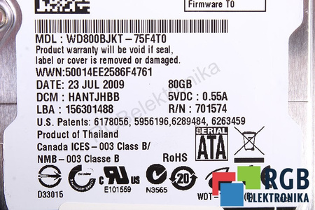 WD800BJKT-75F4T0 WESTERN DIGITAL SATA 80GB